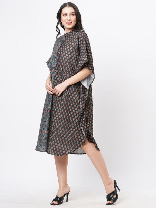 Hashtag Be featuring an green kaftan in two prints complimenting each other with front button placket