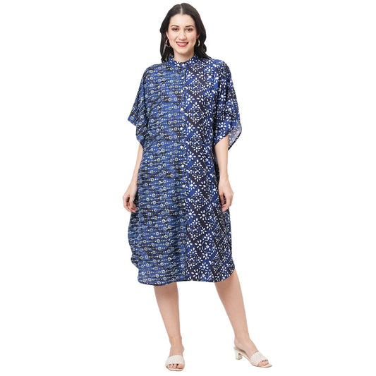 Hashtag Be featuring an indigo kaftan in two prints complimenting each other with front button placket