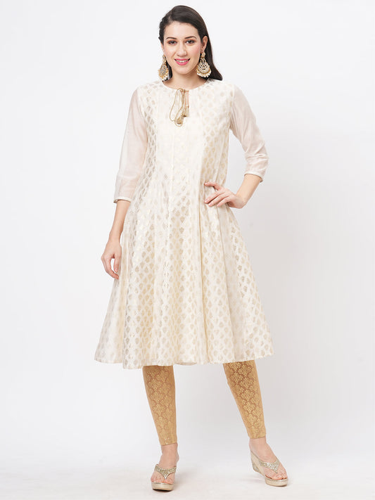 Hashtag Be Opulent offwhite chanderi Anarkali kurta with two prints in gold and complimenting gold chord at the neck