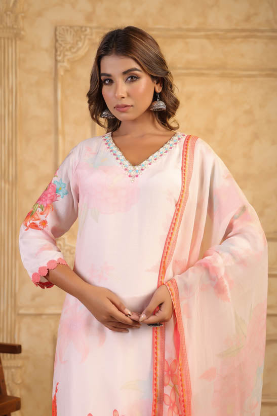 Cream Floral Print Women Kurta Set