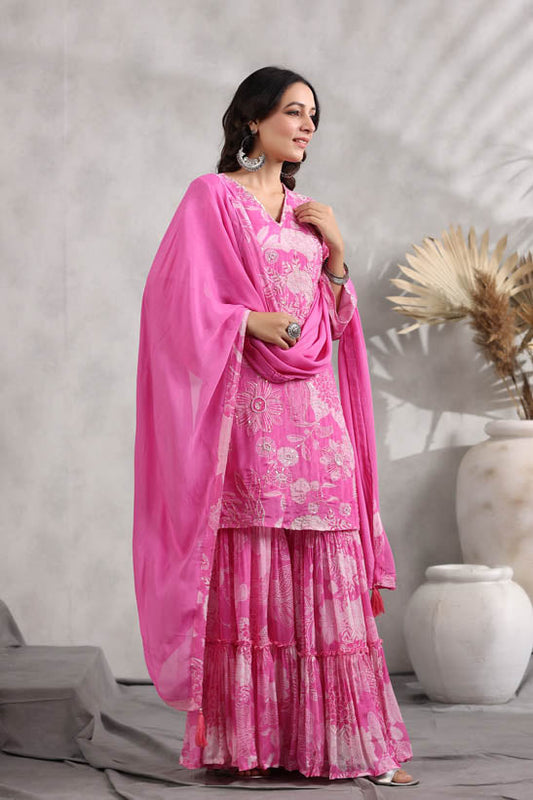 Pink Floral Pint Women Sharara Set