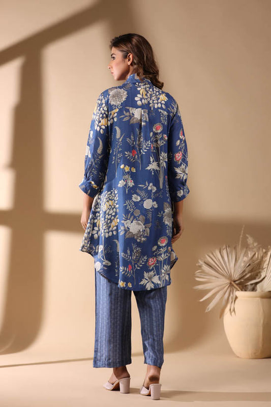 Blue Floral Print High-Low Women Co-Ord Set