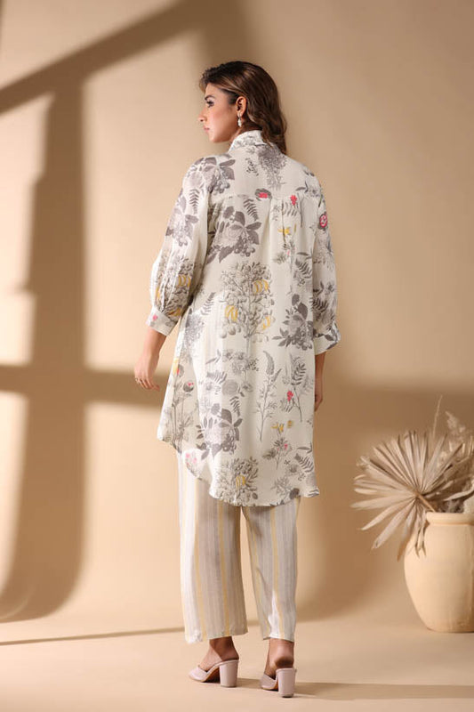 Cream Floral Print High-Low Women Co-Ord Set