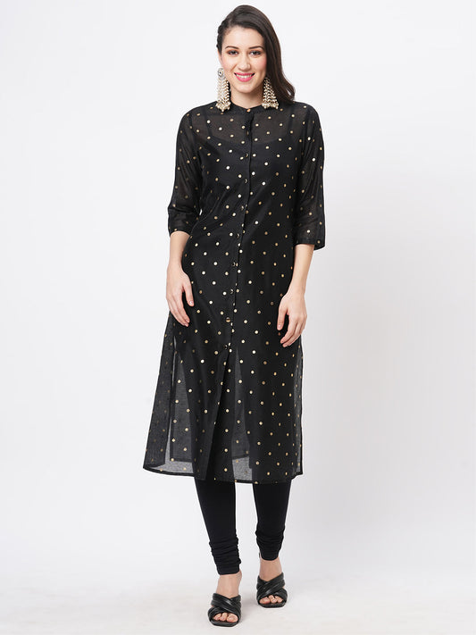 Hashtag Be Gold polka dotted black chanderi kurta with a cotton inner and roll up sleeves.