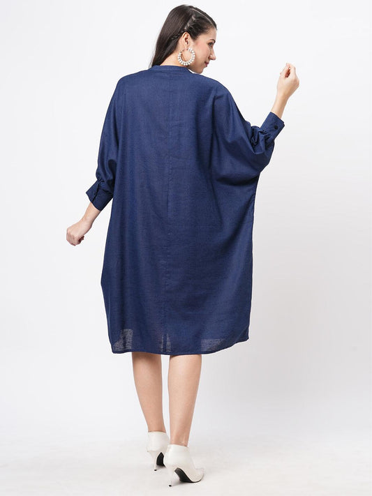 Hashtag Be Featuring a wide relaxed fit kaftan sleeve knee length dress in solid blue