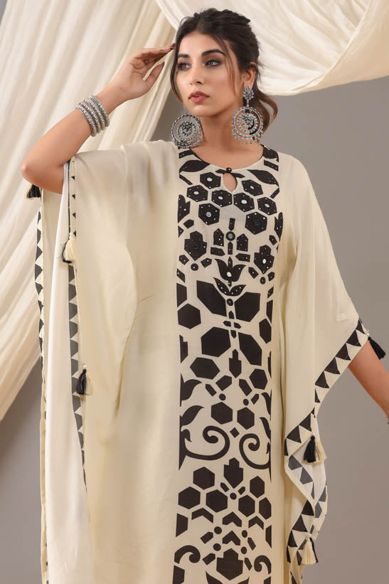 Cream Panel Print Women Kaftan