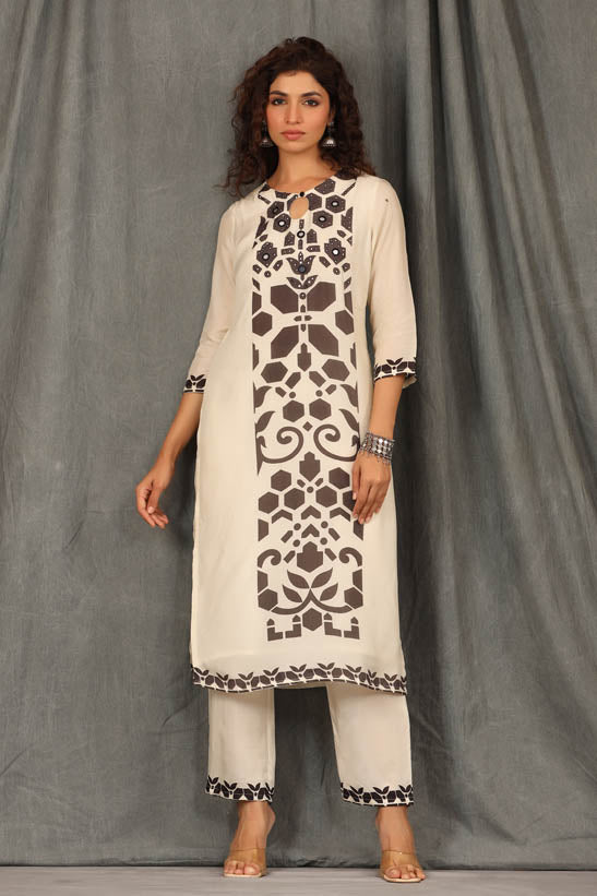 Cream Panel Print Women Suit Set