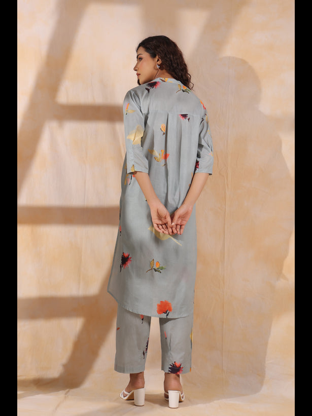 Grey Floral Print Women Kurta Set