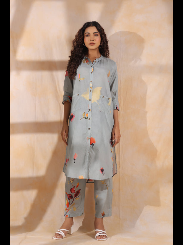 Grey Floral Print Women Kurta Set