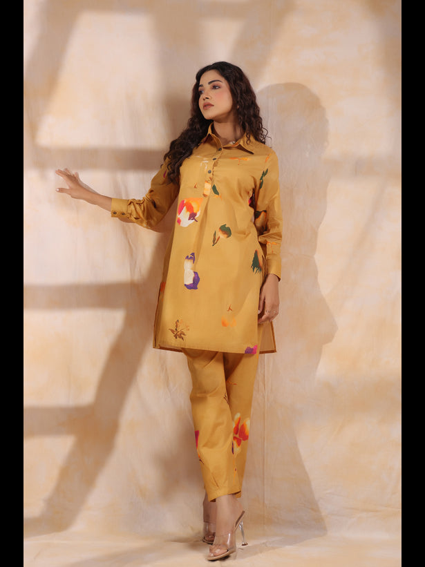 Mustard Floral Print Women Short Kurta Set