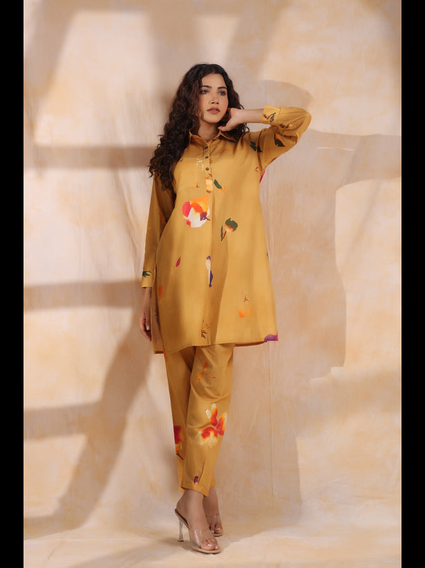 Mustard Floral Print Women Short Kurta Set