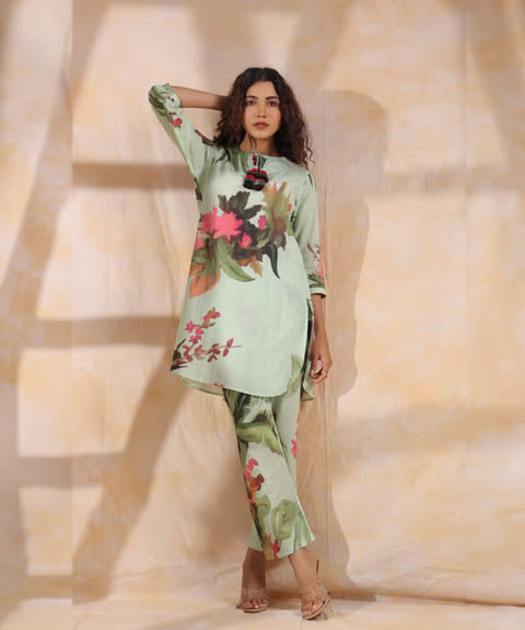 Sea Green Floral Print Women Short Kurta Set