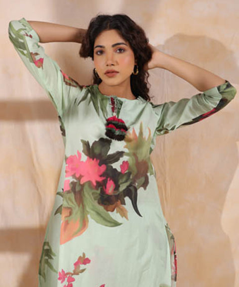 Sea Green Floral Print Women Short Kurta Set