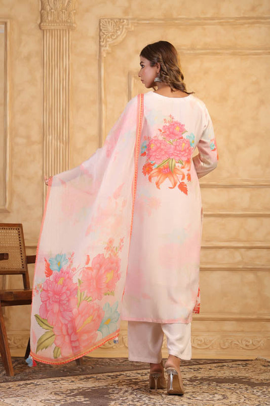 Cream Floral Print Women Kurta Set