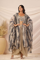 Grey Artsy Floral Print Women Cape Set