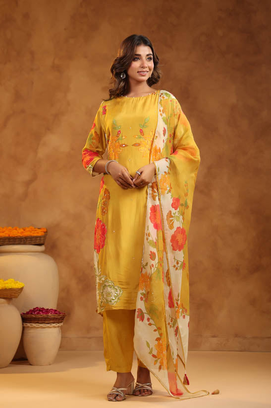 Mustard Floral Print Women Kurta Set