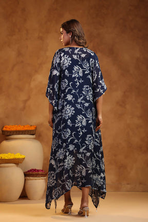 Navy Blue Floral Print Women Kaftan