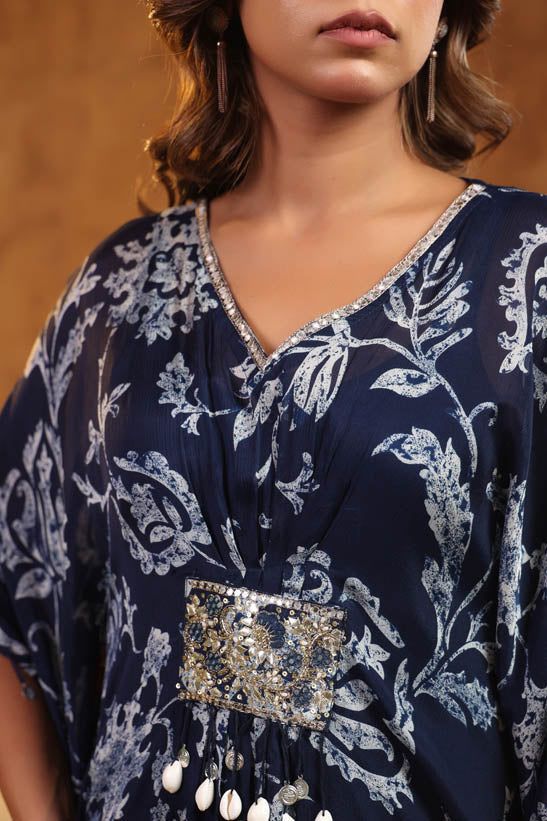 Navy Blue Floral Print Women Kaftan