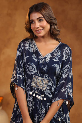 Navy Blue Floral Print Women Kaftan