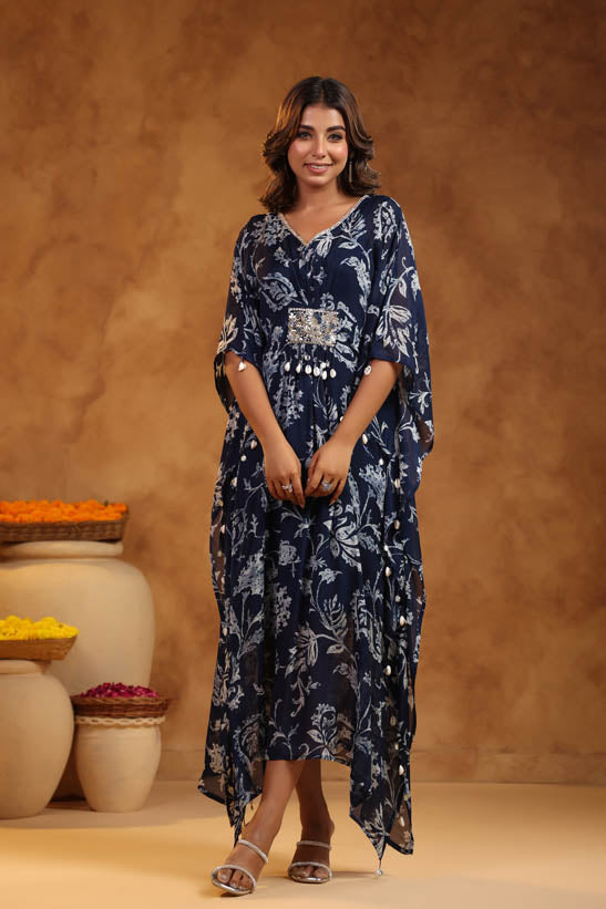 Navy Blue Floral Print Women Kaftan