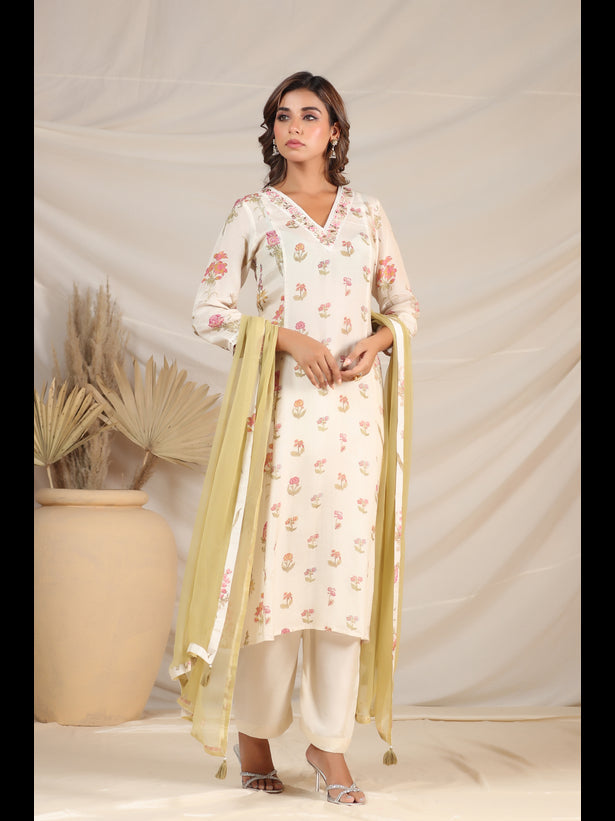 Cream Floral Motif Print Women Kurta Set