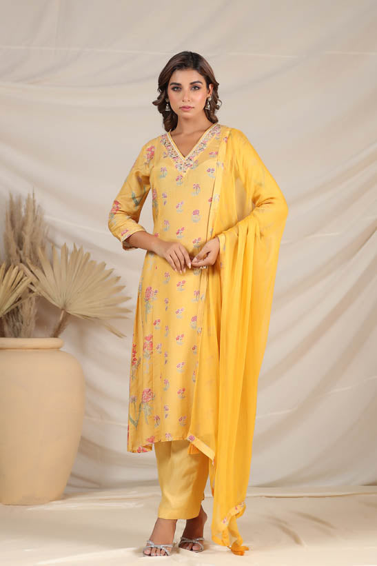 Mustard Floral Motif Print Women Kurta Set