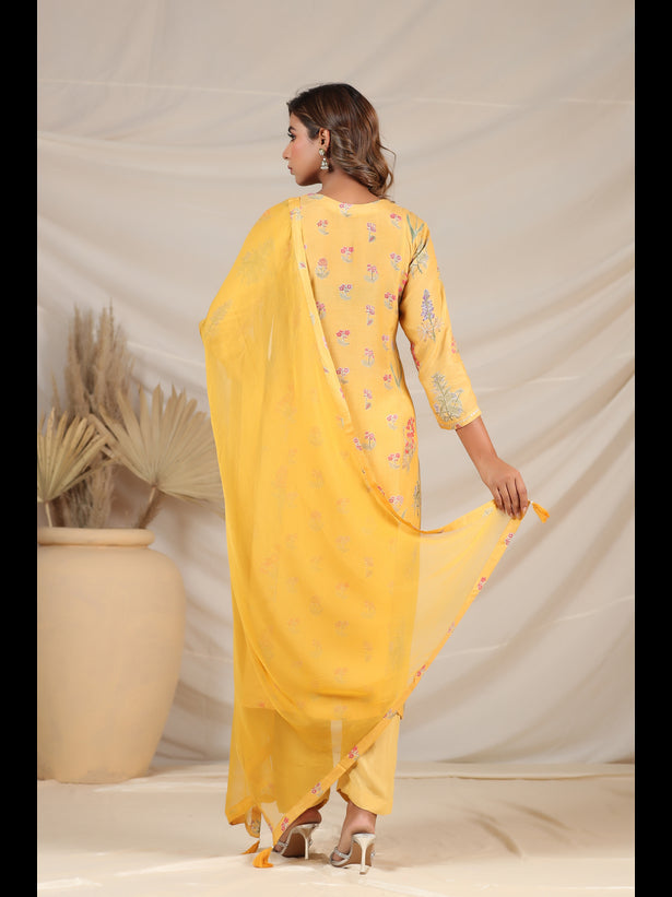 Mustard Floral Motif Print Women Kurta Set