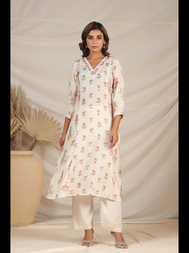 Cream Floral Motif Print Women Kurta Set