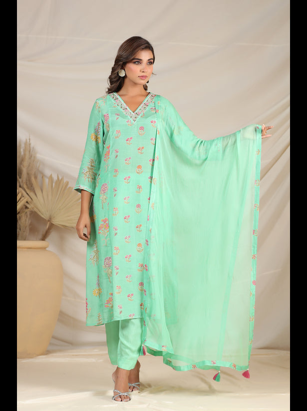 Sea Green Floral Motif Print Women Kurta Set