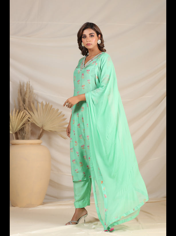 Sea Green Floral Motif Print Women Kurta Set