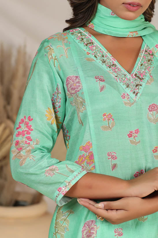 Sea Green Floral Motif Print Women Kurta Set