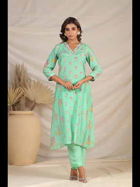 Sea Green Floral Motif Print Women Kurta Set