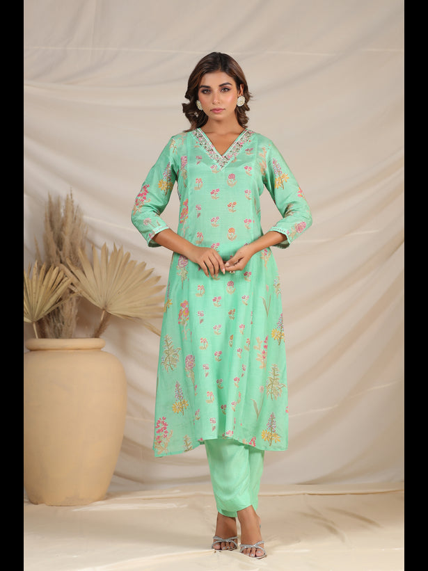 Sea Green Floral Motif Print Women Kurta Set