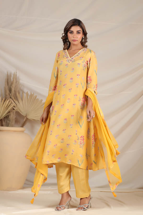 Mustard Floral Motif Print Women Kurta Set