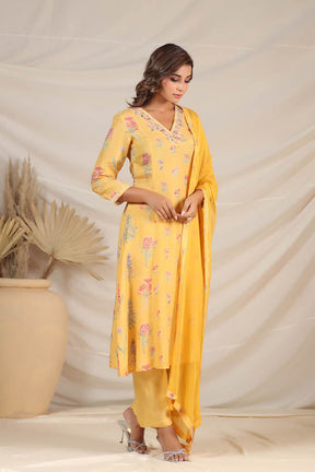 Mustard Floral Motif Print Women Kurta Set