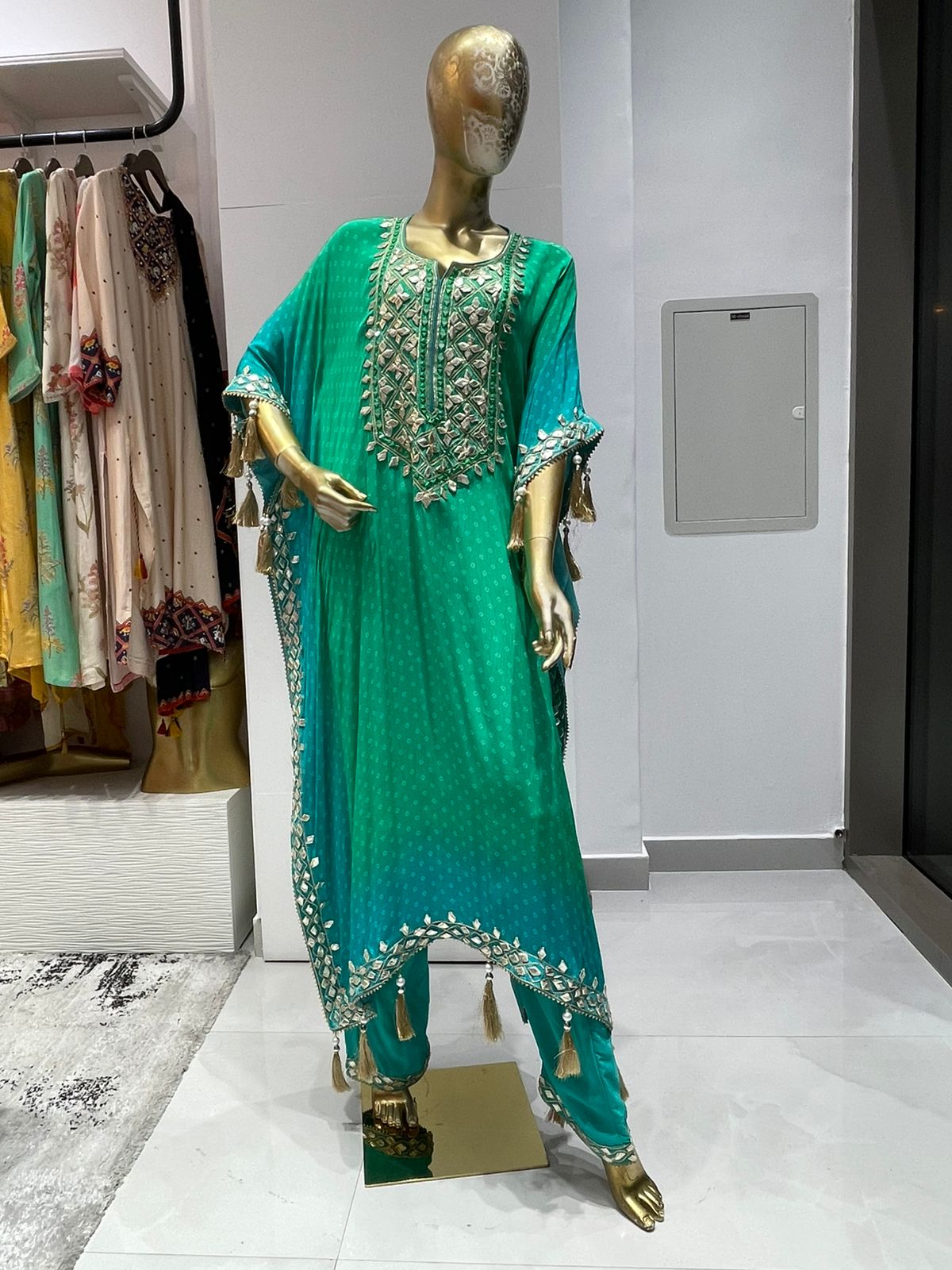 Sea Green Ombre Bandhani Print Women Kaftan