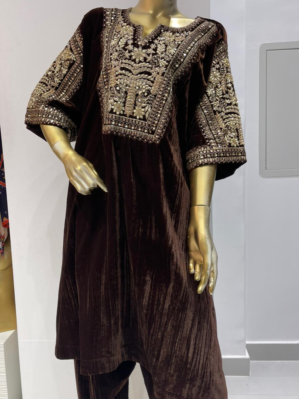 Brown Embroidered Women Kurta Set