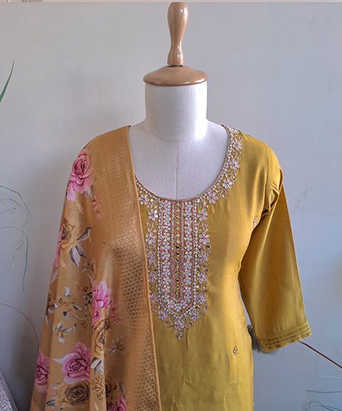 Mustard Embroidered Women Suit Set