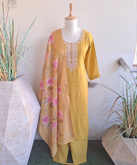 Mustard Embroidered Women Suit Set