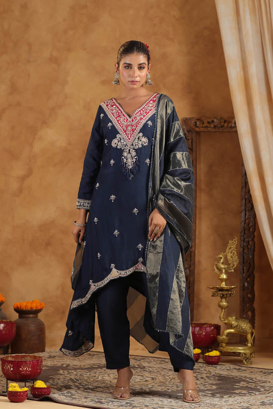 Navy Blue Embroidered Women Asymmetric Kurta Set