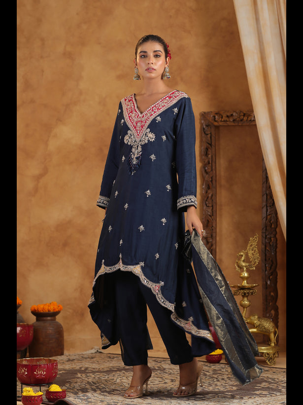 Navy Blue Embroidered Women Asymmetric Kurta Set