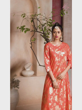 Hashtag Be Fit and flare festive coral kurta with gold all over print