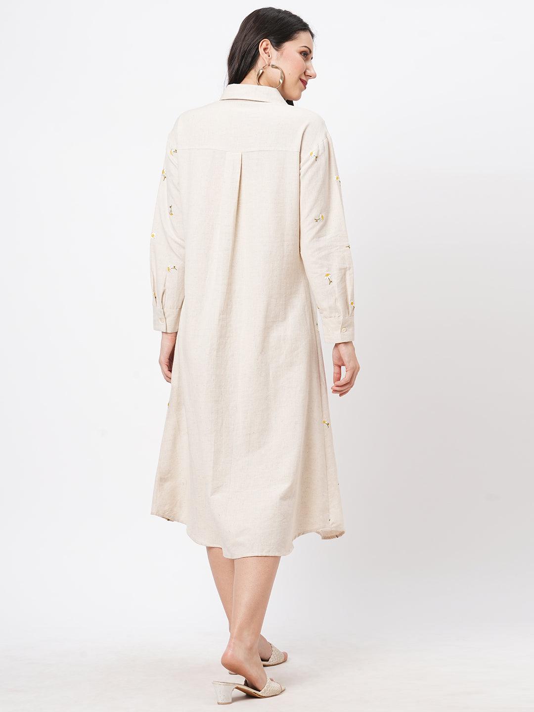 Summery Calf Length Dress With Collar And Concealed Placket And Embroidery On The Front.