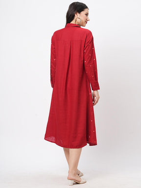 Summery Red Calf Length Dress With Collar And Concealed Placket And Embroidery On The Front.