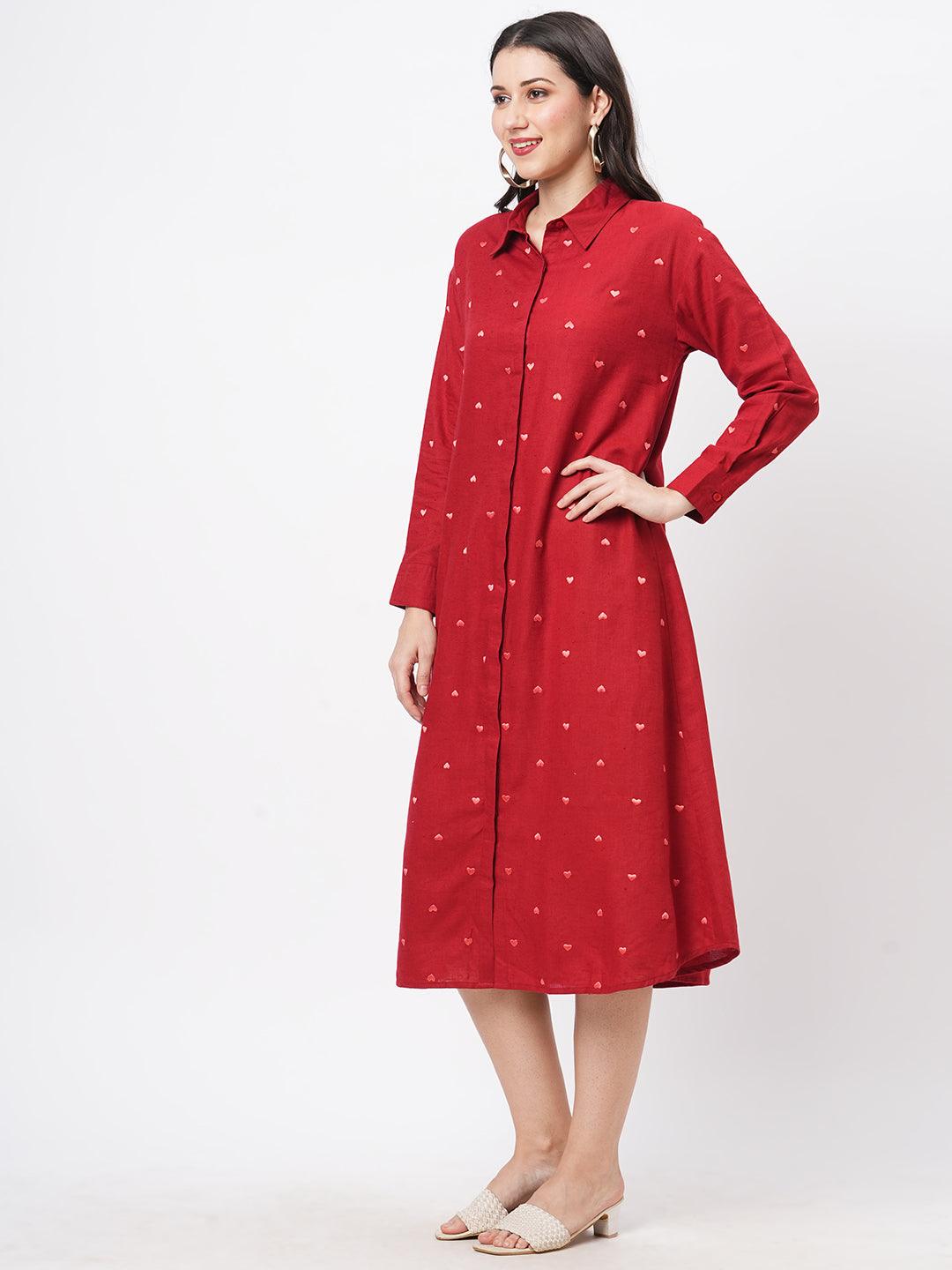 Summery Red Calf Length Dress With Collar And Concealed Placket And Embroidery On The Front.