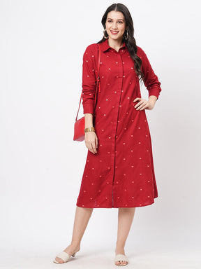 Summery Red Calf Length Dress With Collar And Concealed Placket And Embroidery On The Front.