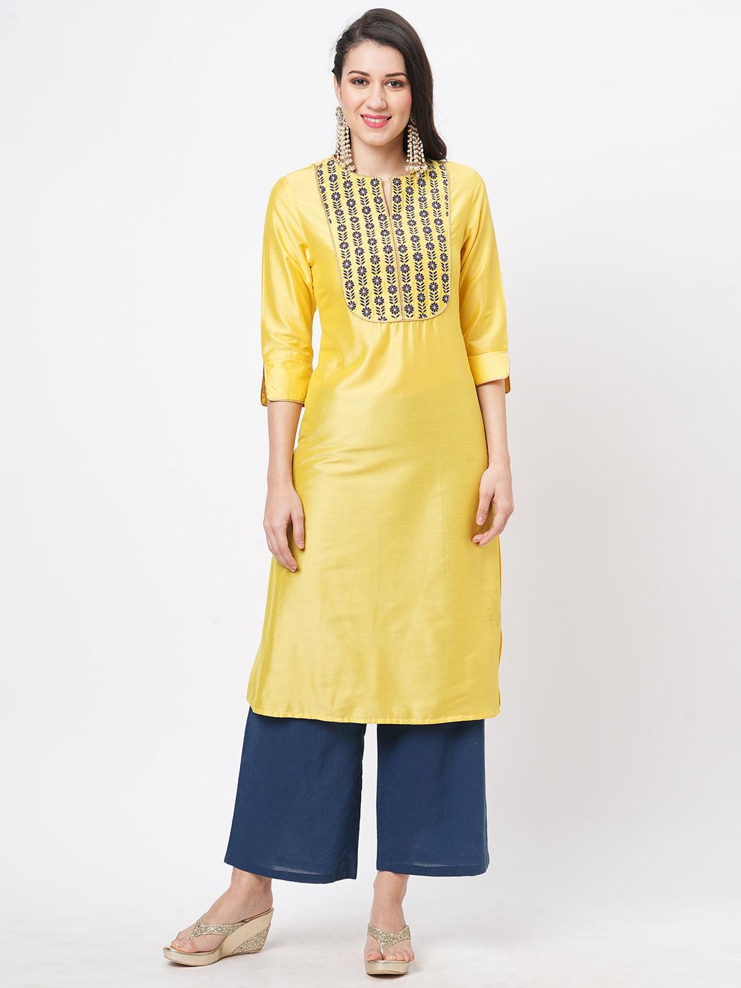 Canary Yellow Silk Blend Ethnic Kurta With Contrast Green Floral Embroidery Yoke.