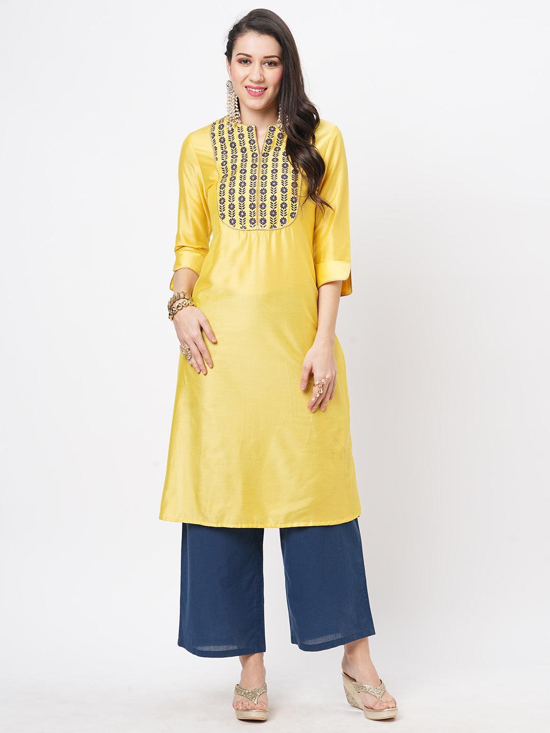 Canary Yellow Silk Blend Ethnic Kurta With Contrast Green Floral Embroidery Yoke.