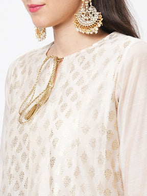  Opulent Offwhite Chanderi Anarkali Kurta With Two Prints In Gold And Complimenting Gold Chord At The Neck