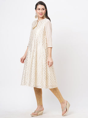  Opulent Offwhite Chanderi Anarkali Kurta With Two Prints In Gold And Complimenting Gold Chord At The Neck